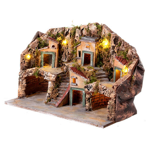 Krippenszenerie mit 2 Grotten und Miniatur-Häusern vor Bergmassiv, inkl Beleuchtung, neapolitanischer Stil, für 6-8 cm Figuren, 35x50x30 cm 2