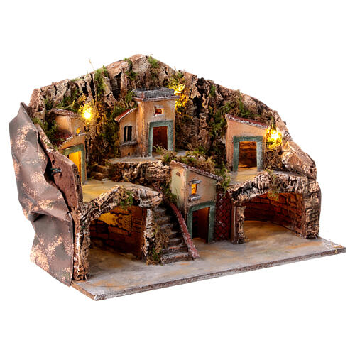 Krippenszenerie mit 2 Grotten und Miniatur-Häusern vor Bergmassiv, inkl Beleuchtung, neapolitanischer Stil, für 6-8 cm Figuren, 35x50x30 cm 3