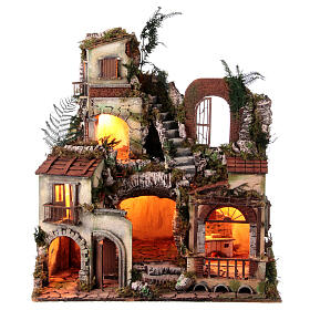 Krippenszenerie, Rustikales Dorf, inkl Beleuchtung, neapolitanischer Stil, für 10 cm Figuren, 70x65x40 cm