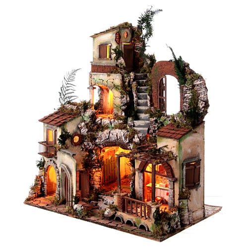 Krippenszenerie, Rustikales Dorf, inkl Beleuchtung, neapolitanischer Stil, für 10 cm Figuren, 70x65x40 cm 3