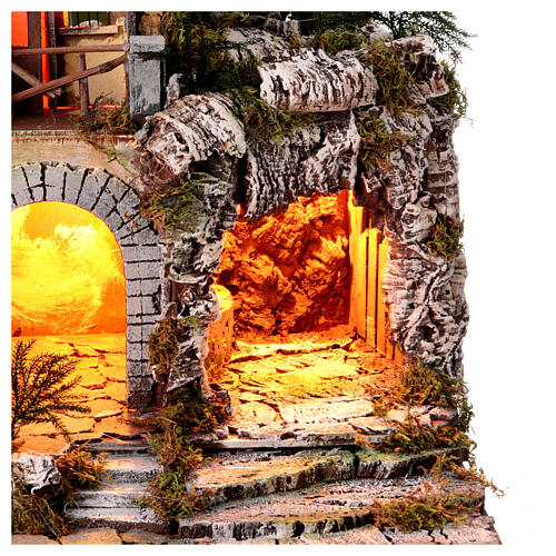 Krippenszenerie, Rustikales Dorf vor Bergmassiv, inkl Beleuchtung, neapolitanischer Stil, für 10 cm Figuren, 60x55x40 cm 2