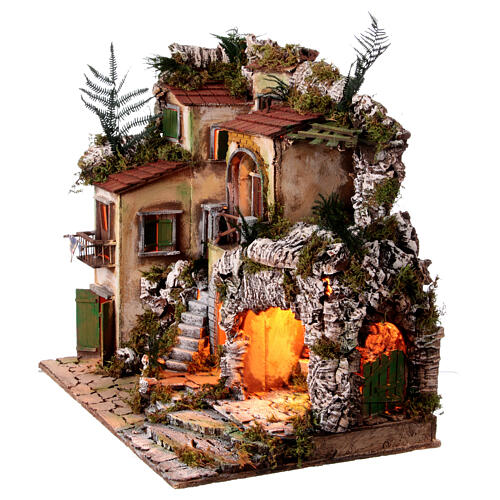 Krippenszenerie, Rustikales Dorf vor Bergmassiv, inkl Beleuchtung, neapolitanischer Stil, für 10 cm Figuren, 60x55x40 cm 5