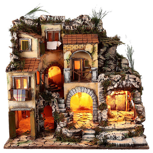 Neapolitan nativity scene village 18th century balconies fountain 10 cm 60x55x40 cm 1