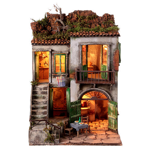Rustikales zweistöckiges Haus vor Bergmassiv, inkl Beleuchtung, Krippenzubehör, neapolitanischer Stil, für 10 cm Figuren, 50x45x35 cm 1