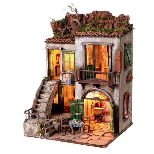 Rustikales zweistöckiges Haus vor Bergmassiv, inkl Beleuchtung, Krippenzubehör, neapolitanischer Stil, für 10 cm Figuren, 50x45x35 cm 3