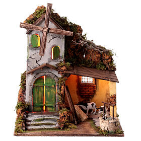 Hof mit Windmühle, inkl Beleuchtung, Krippenzubehör, neapolitanischer Stil, für 10-12 cm Figuren, 45x40x30 cm