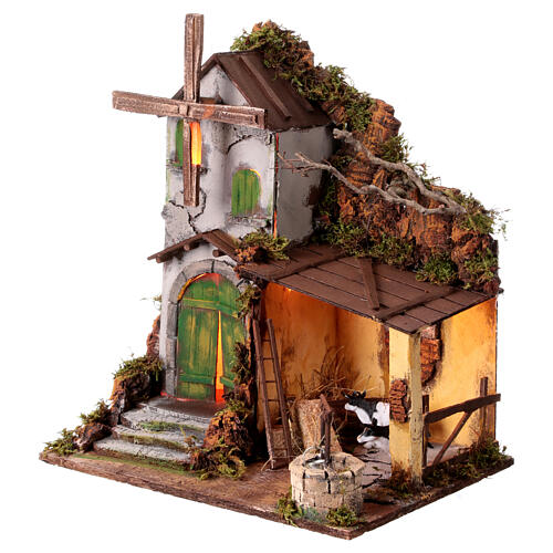 Stable with windmill for 10-12 cm Neapolitan Nativity Scene, 45x40x30 cm 3