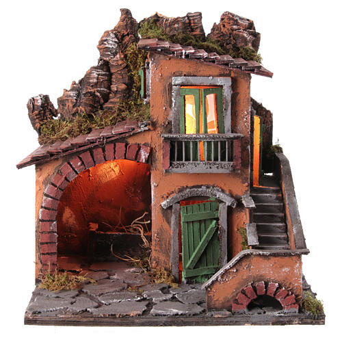 Stable with small house for 10-12 cm Neapolitan Nativity Scene, 40x40x30 cm 1