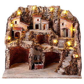 Krippenszenerie, 3 Grotten, Bergdorf und Brunnen, neapolitanischer Stil, für 10 cm Figuren, 50x60x30 cm