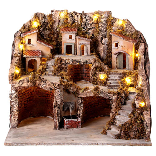 Krippenszenerie, 3 Grotten, Bergdorf und Brunnen, neapolitanischer Stil, für 10 cm Figuren, 50x60x30 cm 1
