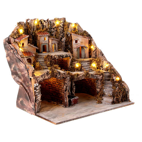 Krippenszenerie, 3 Grotten, Bergdorf und Brunnen, neapolitanischer Stil, für 10 cm Figuren, 50x60x30 cm 4