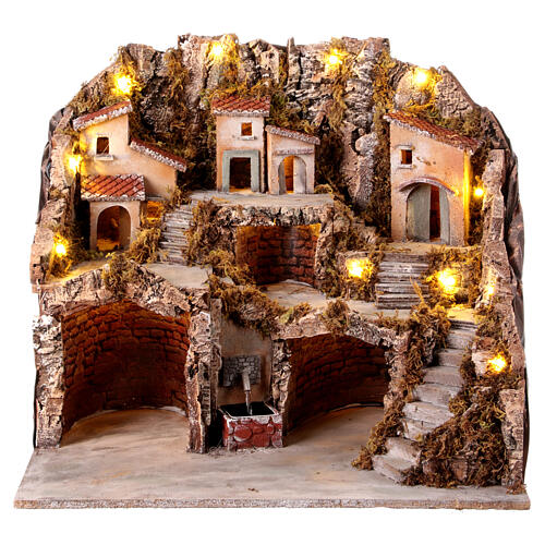 Hamlet with three houses and a fountain for 10 cm Neapolitan Nativity Scene, 50x60x30 cm 1