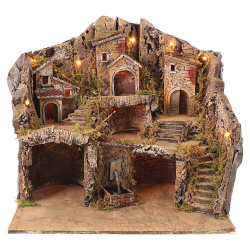 Hamlet with three houses and a fountain for 10 cm Neapolitan Nativity Scene, 50x60x30 cm 1