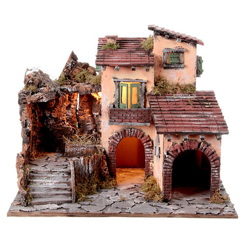 House with raised stable for 18th century Neapolitan Nativity Scene, 10 cm characters, 45x60x45 cm 1