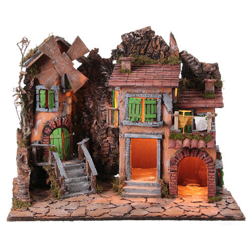 House with windmill for 18th century Neapolitan Nativity Scene, 10 cm characters, 40x65x40 cm 1