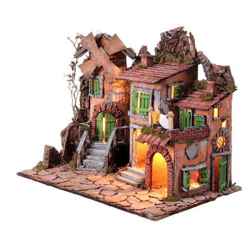 Village with windmill 18th Neapolitan nativity scene 10 cm 40x65x40 cm 3