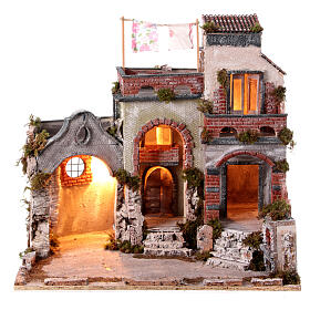Village crèche XVIIIe avec arche travaillé four et linge sur terrasse crèche Naples 10 cm 50x55x40 cm