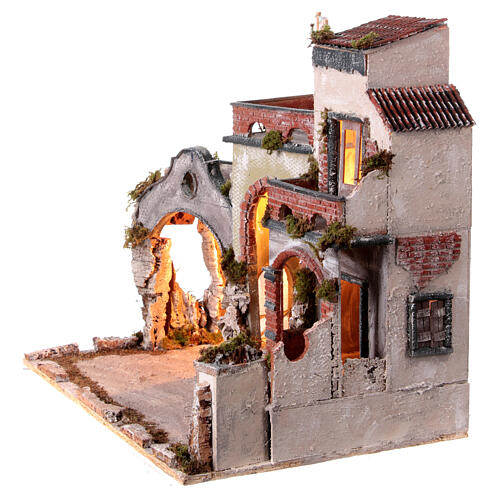Village crèche XVIIIe avec arche travaillé four et linge sur terrasse crèche Naples 10 cm 50x55x40 cm 5