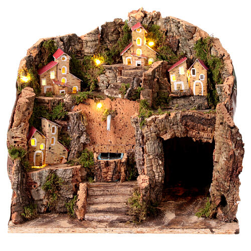 Village with fountain and houses at a distance for 10 cm Neapolitan Nativity Scene, 30x35x25 cm 1