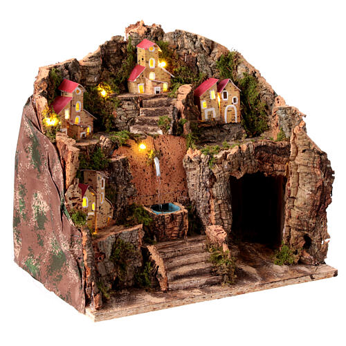 Village with fountain and houses at a distance for 10 cm Neapolitan Nativity Scene, 30x35x25 cm 3