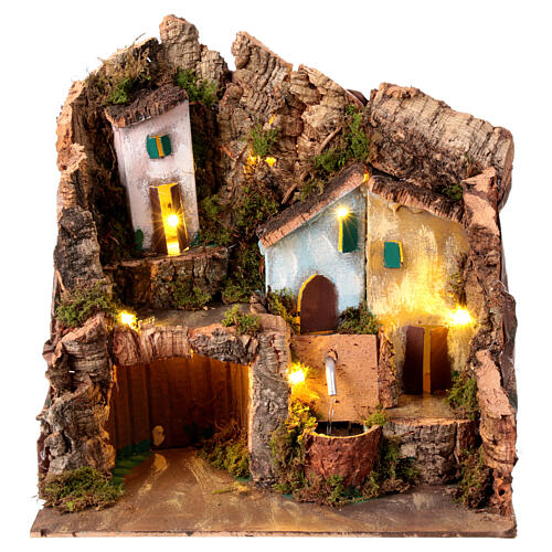 Setting with Nativity stable, painted houses and fountain for 8 cm Neapolitan Nativity Scene, 30x20x20 cm 1
