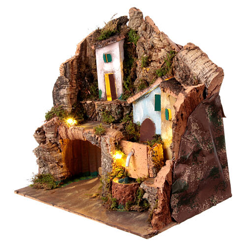 Setting with Nativity stable, painted houses and fountain for 8 cm Neapolitan Nativity Scene, 30x20x20 cm 2