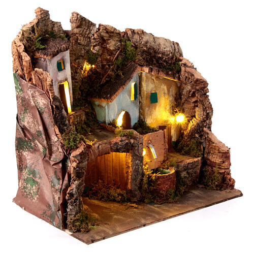 Setting with Nativity stable, painted houses and fountain for 8 cm Neapolitan Nativity Scene, 30x20x20 cm 3