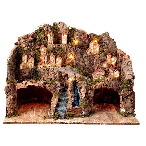 Village for 12 cm Neapolitan Nativity Scene with caves, waterfall and houses at a distance, 45x60x35 cm 1