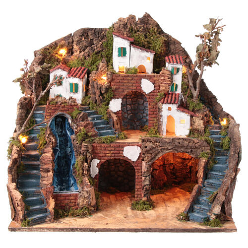 Golfo setting for Neapolitan Nativity Scene of 12 cm, village with waterfall, 50x50x35 cm 1