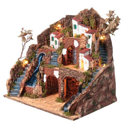Wioska z kolorowymi domami, szopka neapolitańska 12 cm z wodospadem, wymiary 50x50x35 cm 3