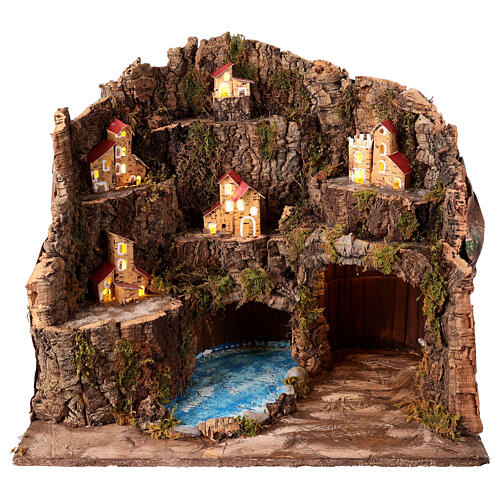 Village for 14 cm Neapolitan Nativity Scene, river and houses at a distance, 40x45x30 cm 1