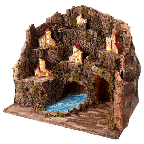 Village for 14 cm Neapolitan Nativity Scene, river and houses at a distance, 40x45x30 cm 2