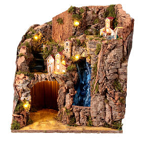 Village with waterfall on a rock face for a 12 cm Neapolitan Nativity Scene, 40x35x30 cm