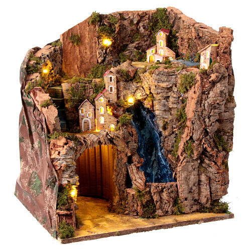 Village with waterfall on a rock face for a 12 cm Neapolitan Nativity Scene, 40x35x30 cm 3