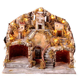 Neapolitan village nativity scene 12-14 cm moving mill fountain 50x55x40 cm