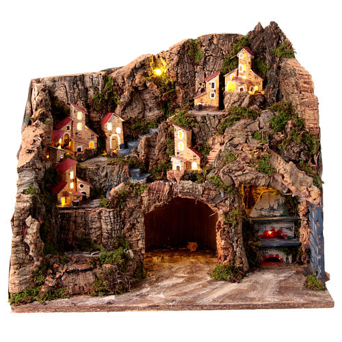 Village with oven Neapolitan nativity scene 12 cm cork wood 40x45x30 cm 1