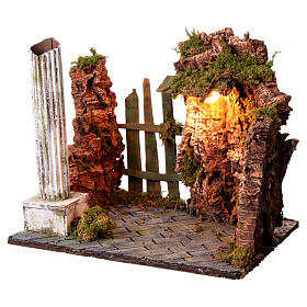 Ruined temple with column for 14-20 cm Nativity Scene, illuminated setting, 35x40x30 cm