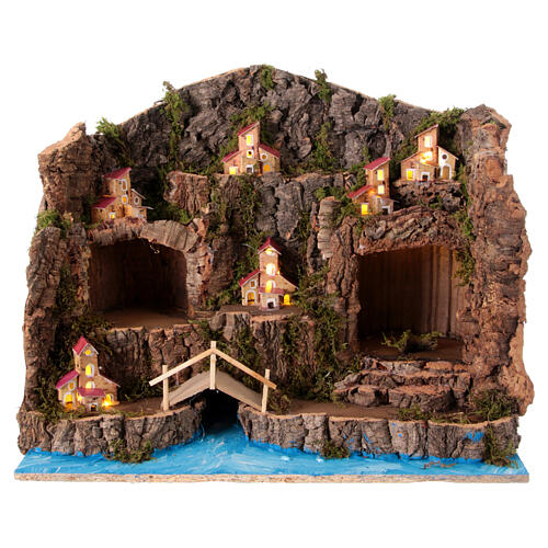 Krippenszenerie mit zwei Grotten, diversen Miniatur-Häusern und einer Brücke, neapolitanischer Stil, für 10 cm Figuren, 40x50x25 cm 1