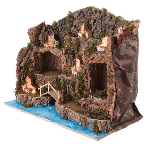 Krippenszenerie mit zwei Grotten, diversen Miniatur-Häusern und einer Brücke, neapolitanischer Stil, für 10 cm Figuren, 40x50x25 cm 2