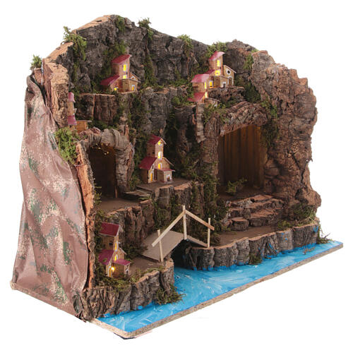 Krippenszenerie mit zwei Grotten, diversen Miniatur-Häusern und einer Brücke, neapolitanischer Stil, für 10 cm Figuren, 40x50x25 cm 3