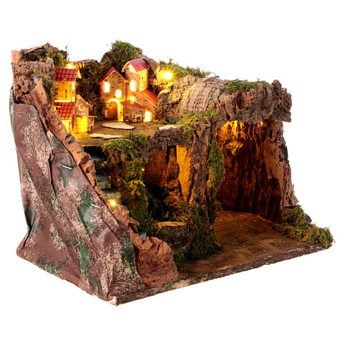 Krippenszenerie mit Grotte, diversen Miniatur-Häusern, Beleuchtung und Wasserfall, neapolitanischer Stil, für 12 cm Figuren, 25x20x20 cm 4