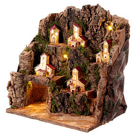 Setting with caves and miniature illuminated houses for 6 cm Neapolitan Nativity Scene, 35x30x20 cm