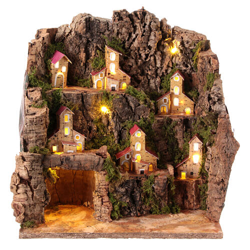 Setting with caves and miniature illuminated houses for 6 cm Neapolitan Nativity Scene, 35x30x20 cm 1
