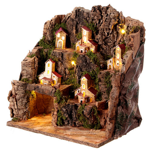 Setting with caves and miniature illuminated houses for 6 cm Neapolitan Nativity Scene, 35x30x20 cm 2