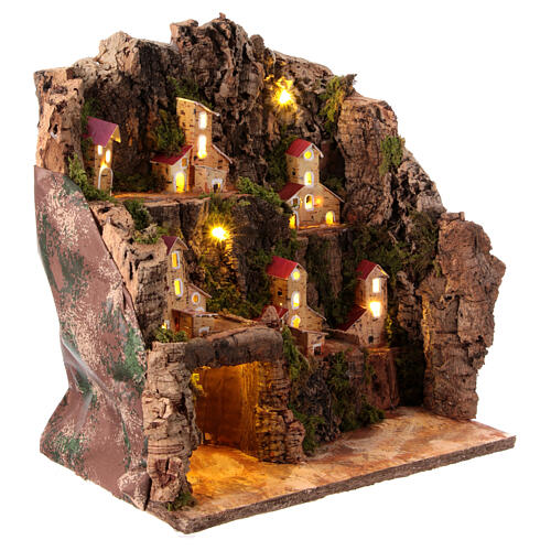 Setting with caves and miniature illuminated houses for 6 cm Neapolitan Nativity Scene, 35x30x20 cm 3