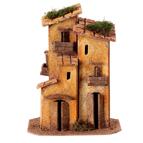 Scena tre case presepe 6 cm Napoli sughero 20x15x10 cm 1