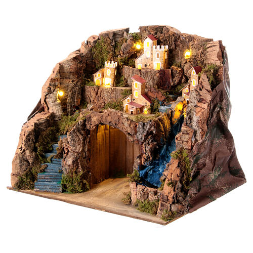 Neapolitan Nativity Scene village with waterfall and houses for 10 cm characters, 30x35x30 cm 2