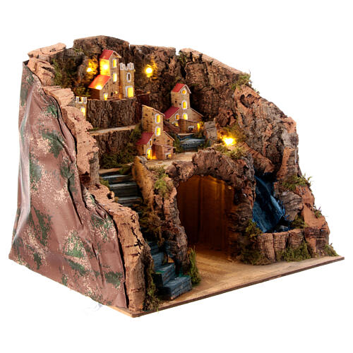 Neapolitan Nativity Scene village with waterfall and houses for 10 cm characters, 30x35x30 cm 3