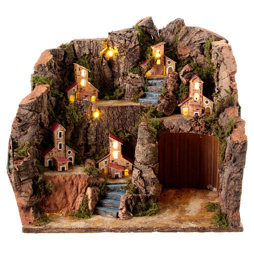 Krippenszenerie mit Grotte, diversen Miniatur-Häusern und Beleuchtung, neapolitanischer Stil, für 12 cm Figuren, 35x35x25 cm 1