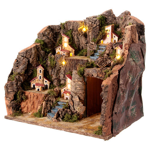 Krippenszenerie mit Grotte, diversen Miniatur-Häusern und Beleuchtung, neapolitanischer Stil, für 12 cm Figuren, 35x35x25 cm 2